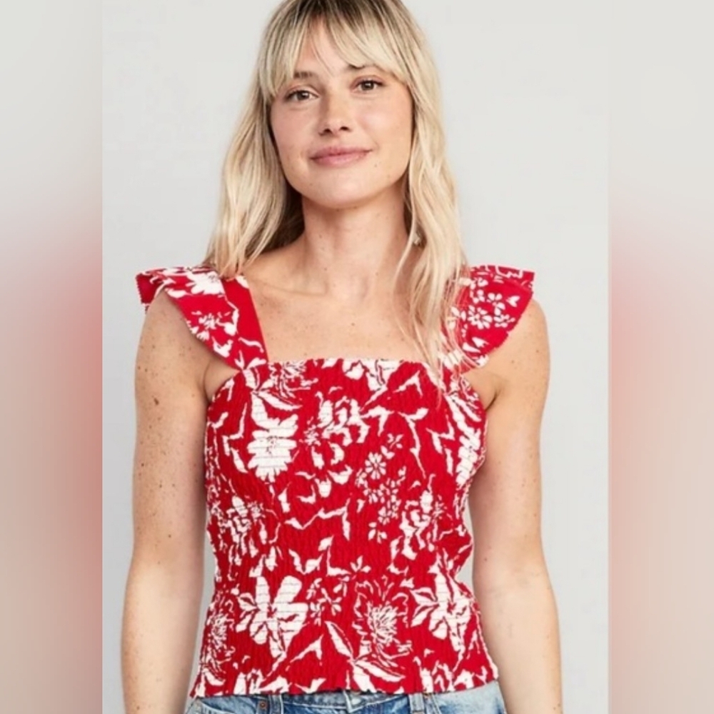 NWT Old Navy Red White Floral Smocked Top | Ruffle Straps | XS